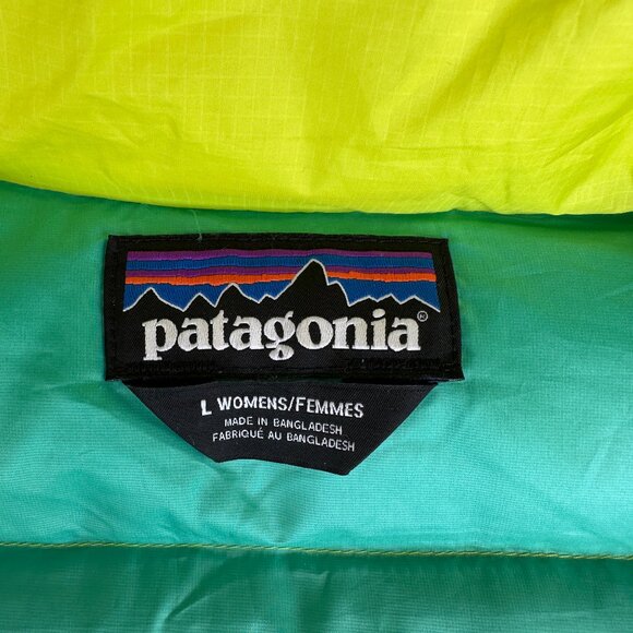 Patagonia Down Sweater Jacket/ Neon Green w Teal Lining / Women LG / LIKE NEW! - Picture 5 of 13